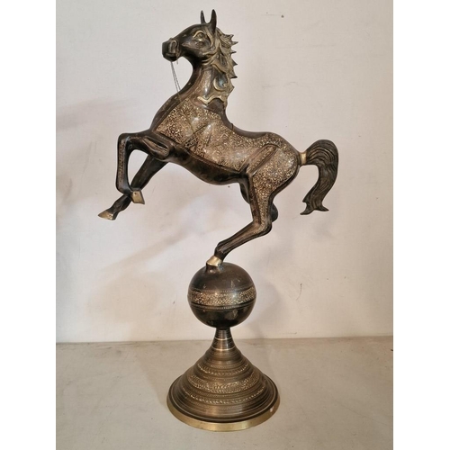 722 - Decorative Bronze Colour Metal Statue of Rearing Horse on Sphere, with Engraved Patterns, (Approx. H... 