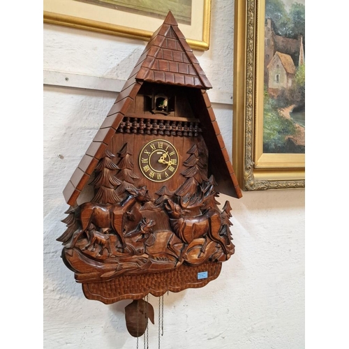 724 - Giant / Oversized Cuckoo Clock, Wall Hanging Chalet Style with Carved Wood Animals & Trees, 'P.A.E' ... 