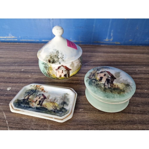 754 - Vintage Porcelain Dressing Table Set of Powder Dish, Lidded Pot and Dish with Country House Decorati... 