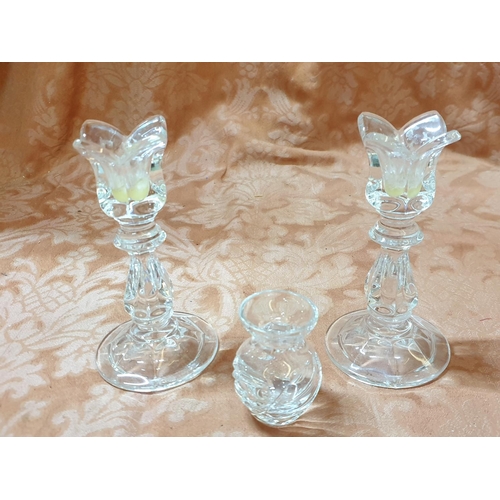 766 - Pair of Retro style Cut Glass Candle Sticks in Tulip Pattern (H:15cm each) Together with Mini Crysta... 