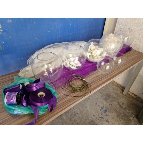 797 - Collection of Table Centre Piece Decoration, Incl. Glass Bowls, Purple Runner, Ribbons, Voile with L... 