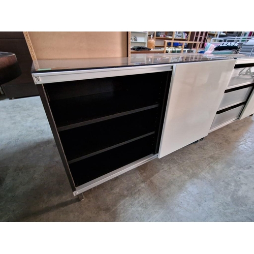 806 - Modern Lounge Unit / TV Unit with Black Glass Top, White Gloss Sliding Front with 2 Drawers and Open... 