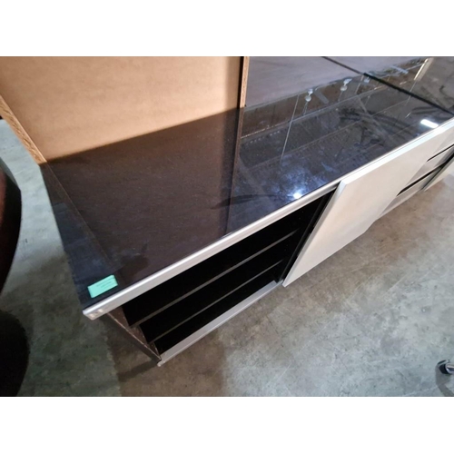 806 - Modern Lounge Unit / TV Unit with Black Glass Top, White Gloss Sliding Front with 2 Drawers and Open... 