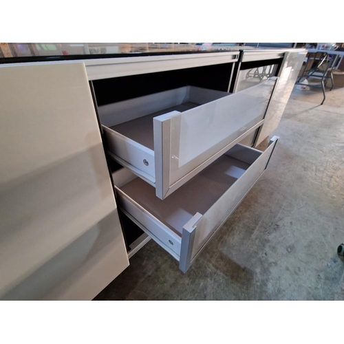 806 - Modern Lounge Unit / TV Unit with Black Glass Top, White Gloss Sliding Front with 2 Drawers and Open... 