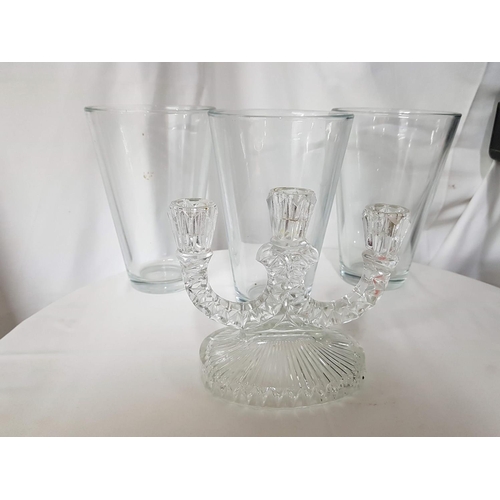 808 - Collection of Home Decor; 3 x Similar Modern Glass Vases (H:21cm each) and 3 - Arm Cut Glass Candle ... 