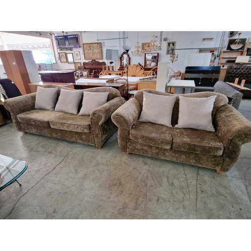 815 - Classical Style Plush Fabric 3-Seat and 2-Seat Sofas with Scroll Arms and Scatter Cushions, (2)