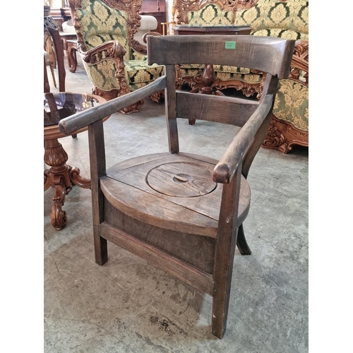 821 - Antique Solid Wood Commode Chair with Curved Back Rest