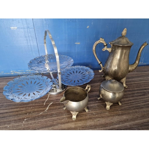 833 - Vintage Silver Plated Tea Pot, Milk Jug and Lidded Sugar Bowl (a/f no handles), Together with Foldin... 