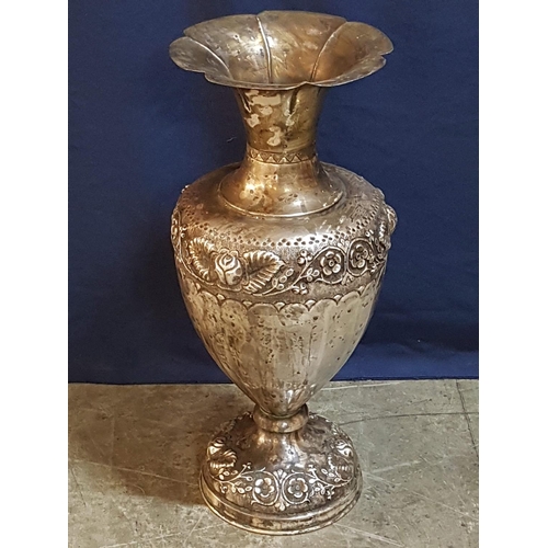 173 - White Metal Vase with Pedal Shaped Rin and Decorative Floral Design (H:48cm)