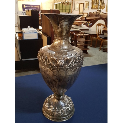 173 - White Metal Vase with Pedal Shaped Rin and Decorative Floral Design (H:48cm)