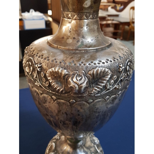 173 - White Metal Vase with Pedal Shaped Rin and Decorative Floral Design (H:48cm)