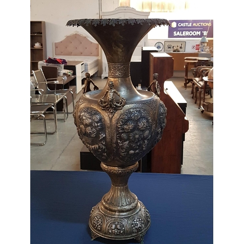 174 - Large Ornately Decorated White Metal Vase / Urn with Faun Details, Round 4-Footed Base and Leaf Deco... 