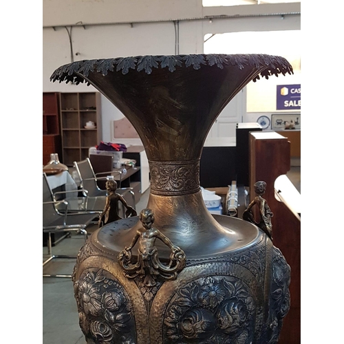 174 - Large Ornately Decorated White Metal Vase / Urn with Faun Details, Round 4-Footed Base and Leaf Deco... 