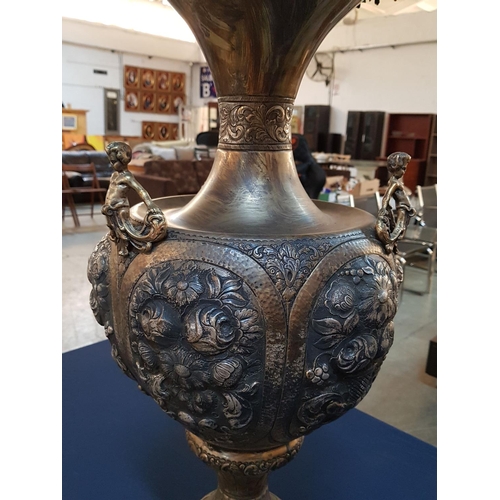 174 - Large Ornately Decorated White Metal Vase / Urn with Faun Details, Round 4-Footed Base and Leaf Deco... 