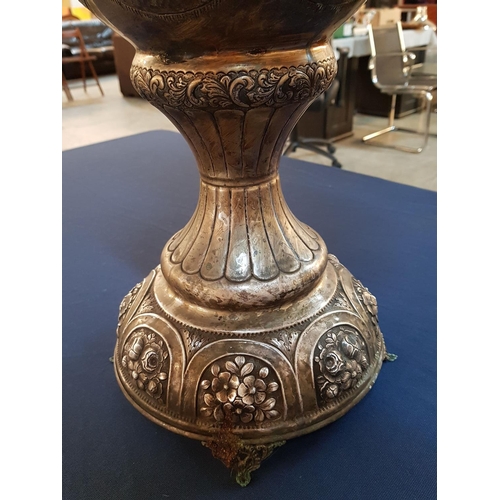 174 - Large Ornately Decorated White Metal Vase / Urn with Faun Details, Round 4-Footed Base and Leaf Deco... 