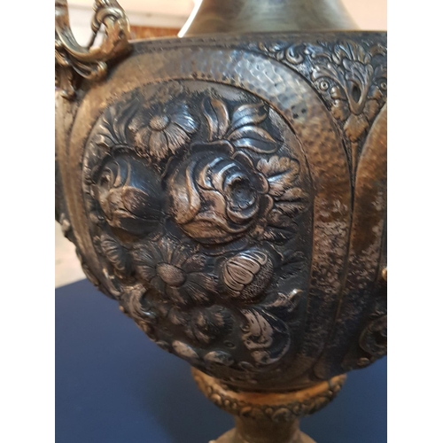 174 - Large Ornately Decorated White Metal Vase / Urn with Faun Details, Round 4-Footed Base and Leaf Deco... 