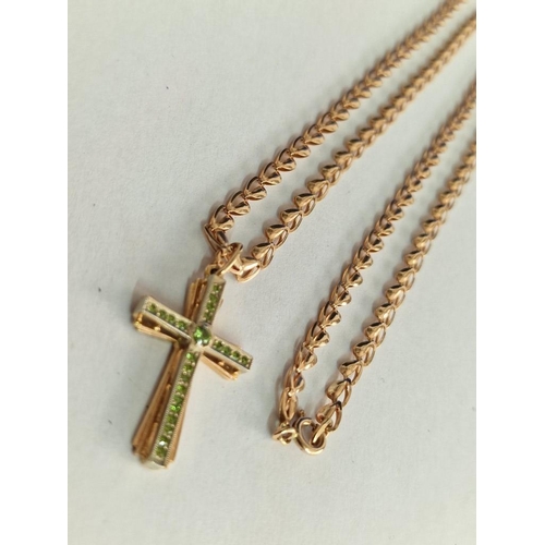 71A - 14ct Gold Two-Tone Cross Pendant Set with Green Stones (Approx. 30 x 18mm Overall) on 14ct Gold Chai... 