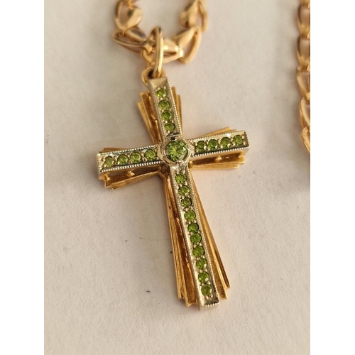 71A - 14ct Gold Two-Tone Cross Pendant Set with Green Stones (Approx. 30 x 18mm Overall) on 14ct Gold Chai... 