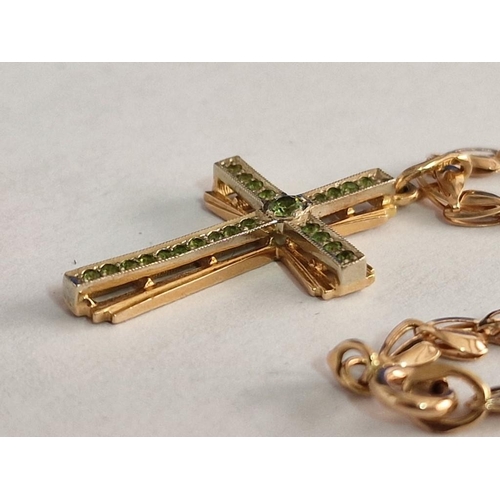 71A - 14ct Gold Two-Tone Cross Pendant Set with Green Stones (Approx. 30 x 18mm Overall) on 14ct Gold Chai... 