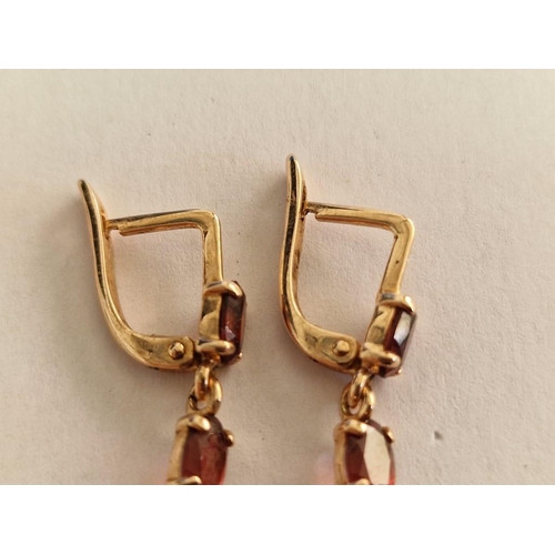 73A - Pair of 14ct Gold Drop Earrings Each Set with 4 x Red Stones, (Approx. H: 43mm, Total Weight 4.8g)