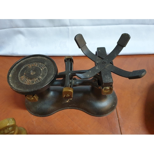 106 - Antique Cast Iron 'Victor' Balance Scales (England) with Brass Pan and Set of 6 x Bell Weights