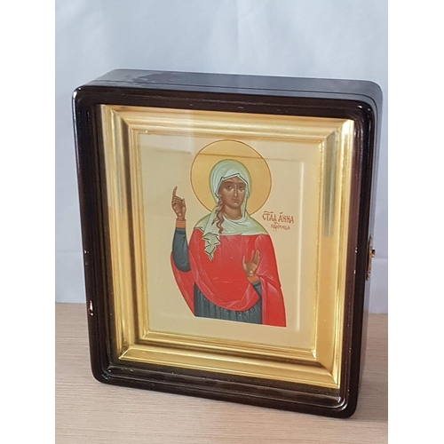 68 - St. Anna Prophetess Hand Painted Icon in Gilded Frame and Wooden Box with Glass Door (Icon 24 x 28cm... 