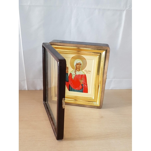 68 - St. Anna Prophetess Hand Painted Icon in Gilded Frame and Wooden Box with Glass Door (Icon 24 x 28cm... 