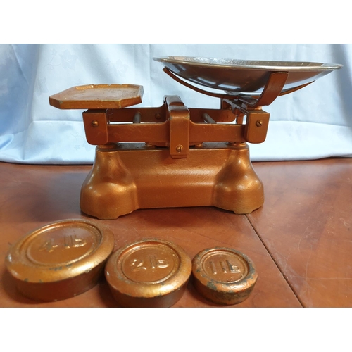 105 - Cast Iron Vintage Kitchen Balance Scales with White Metal Pan and Set of 3 x Weights