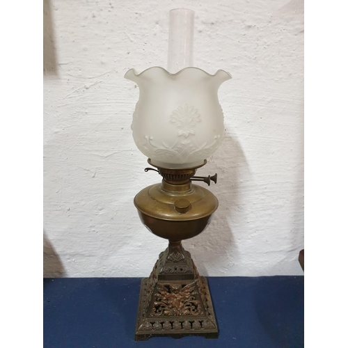 124 - Large Antique Parafin Lamp (H:60cm) with Brass / Metal Base and Milk Glass Lamp Shade