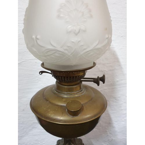 124 - Large Antique Parafin Lamp (H:60cm) with Brass / Metal Base and Milk Glass Lamp Shade