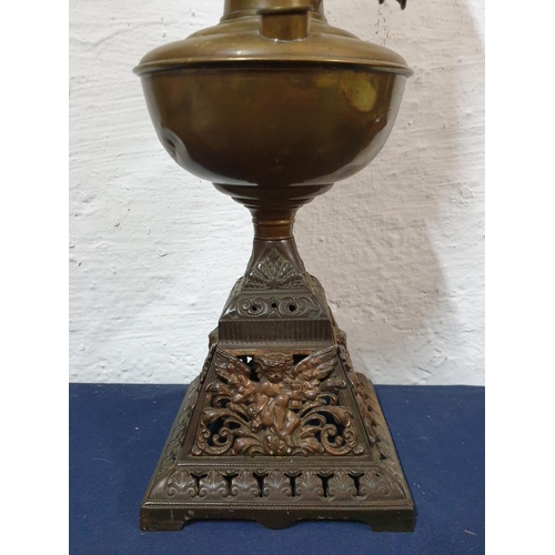 124 - Large Antique Parafin Lamp (H:60cm) with Brass / Metal Base and Milk Glass Lamp Shade