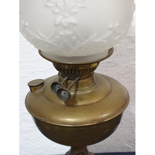 124 - Large Antique Parafin Lamp (H:60cm) with Brass / Metal Base and Milk Glass Lamp Shade