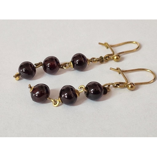 92 - Pair of 9ct Gold 3 x Red Stone Drop Earrings, (Approx. H: 5cm, Weight 3.3g)