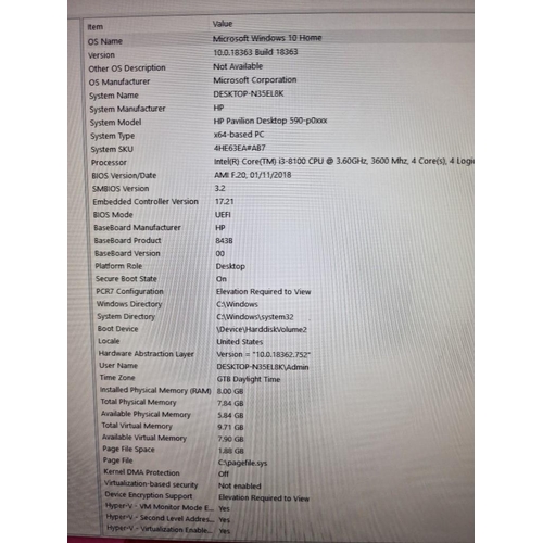 100 - Computer Set; HP Pavilion Desktop 590 Tower, Core i3-8100 CPU, 3.6GHz, 8GB RAM, Windows 10 Home, Tog... 