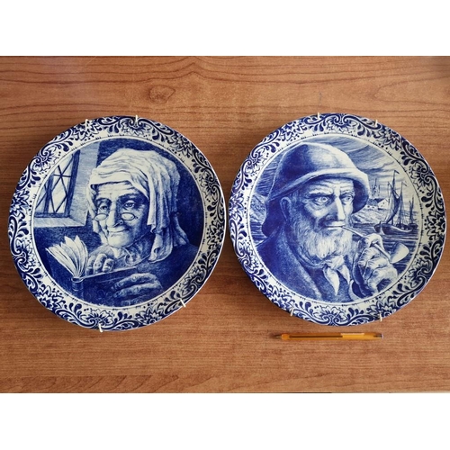 182 - Pair of Large Delft 'Boch Freres' Porcelain Collectable Wall Plates, with Old Man & Old Woman Pictur... 