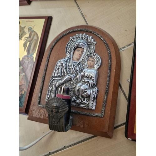 15 - Collection of Icons, Incl. Decorative White Metal and One with Lamp / Light