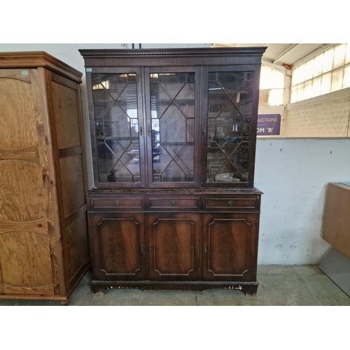 327 - Vintage Dark Wood Display Cabinet with 3-Multi-Pane Glazed Doors and Internal Wood Shelves, Over 3-D... 