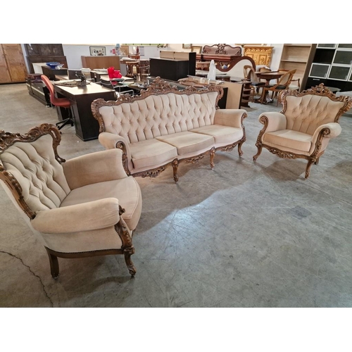 328 - Classical Style Sofa Set with Carved Wood Surround, Button Back Fabric, Studding and Scroll Arms; 3 ... 