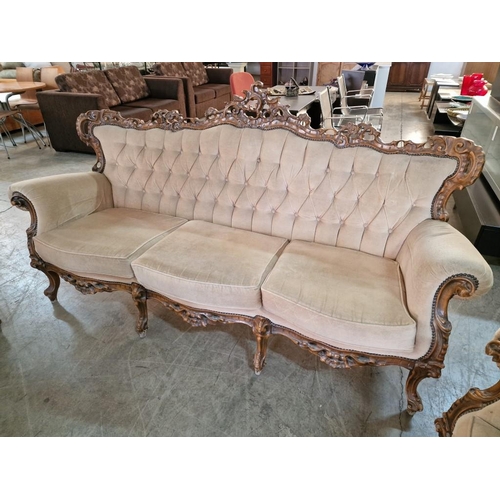 328 - Classical Style Sofa Set with Carved Wood Surround, Button Back Fabric, Studding and Scroll Arms; 3 ... 