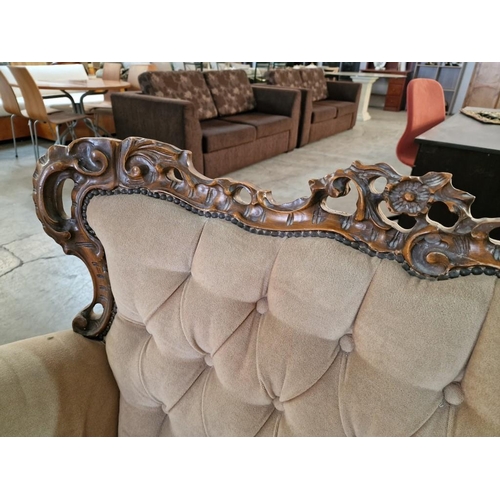 328 - Classical Style Sofa Set with Carved Wood Surround, Button Back Fabric, Studding and Scroll Arms; 3 ... 