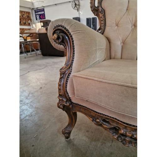 328 - Classical Style Sofa Set with Carved Wood Surround, Button Back Fabric, Studding and Scroll Arms; 3 ... 