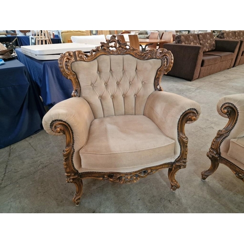 328 - Classical Style Sofa Set with Carved Wood Surround, Button Back Fabric, Studding and Scroll Arms; 3 ... 