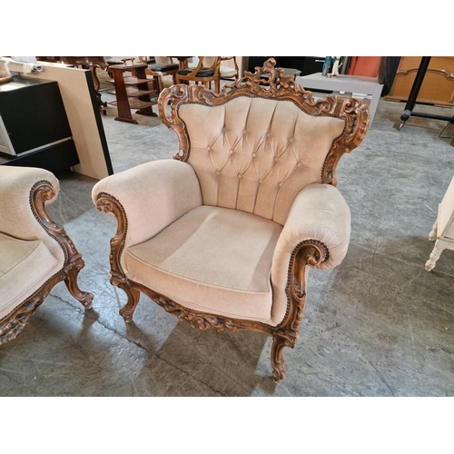 328 - Classical Style Sofa Set with Carved Wood Surround, Button Back Fabric, Studding and Scroll Arms; 3 ... 