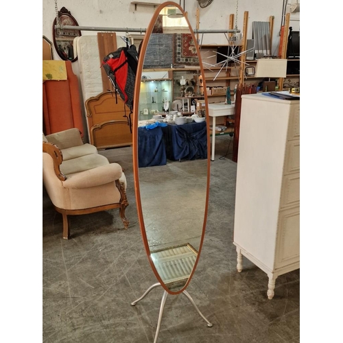 333 - Modern Tall Oval Shape Cheval Mirror with Cherry Wood Colour Backing on Grey Metal Stand / Tripod Le... 