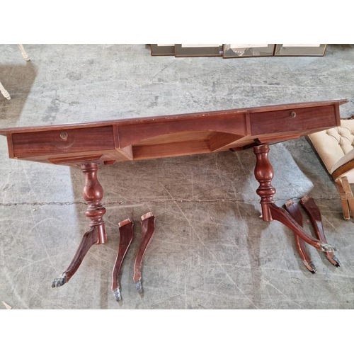 334 - Dark Wood Colour Desk with Twin Turned Legs Over Tripod Feet and 2-Drawers, (Nb. A/F, 4 x Legs Detac... 