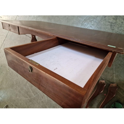 334 - Dark Wood Colour Desk with Twin Turned Legs Over Tripod Feet and 2-Drawers, (Nb. A/F, 4 x Legs Detac... 