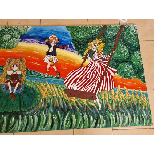 335 - Large Colourful Painting on Board of Japanese Comic Characters, (Approx. 182 x 60cm)