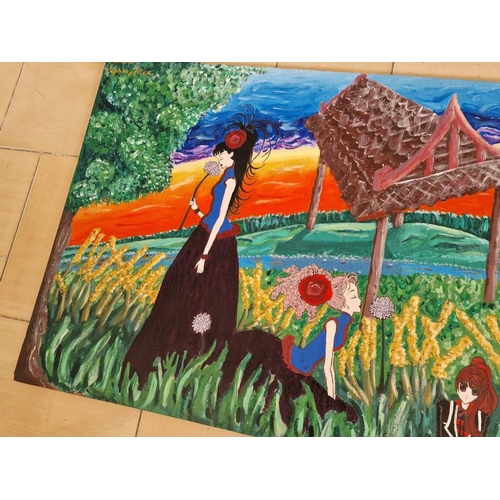 335 - Large Colourful Painting on Board of Japanese Comic Characters, (Approx. 182 x 60cm)