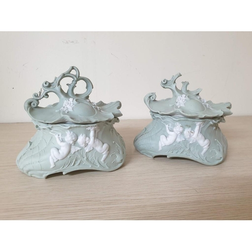 171 - A Pair of Rare Pale Green Rococo Baluster Bowls and Covers, Applied with White Cherubs (1 x Lid with... 