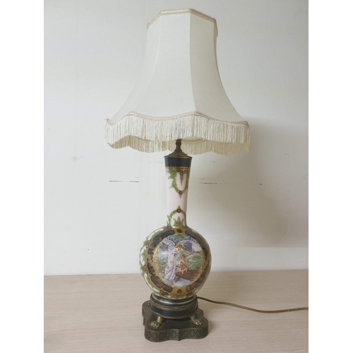 341 - A French Pink Opaline Hand Painted & Gilded Table Lamp on a Bronzed Base, Depicting an Angel Protect... 